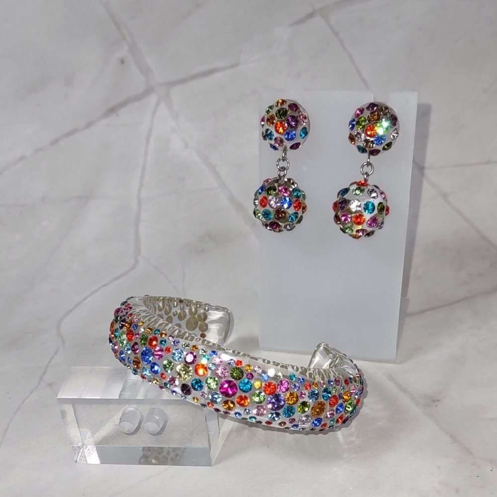Crystal Studded Lucite Cuff Bracelet/Drop Earrings